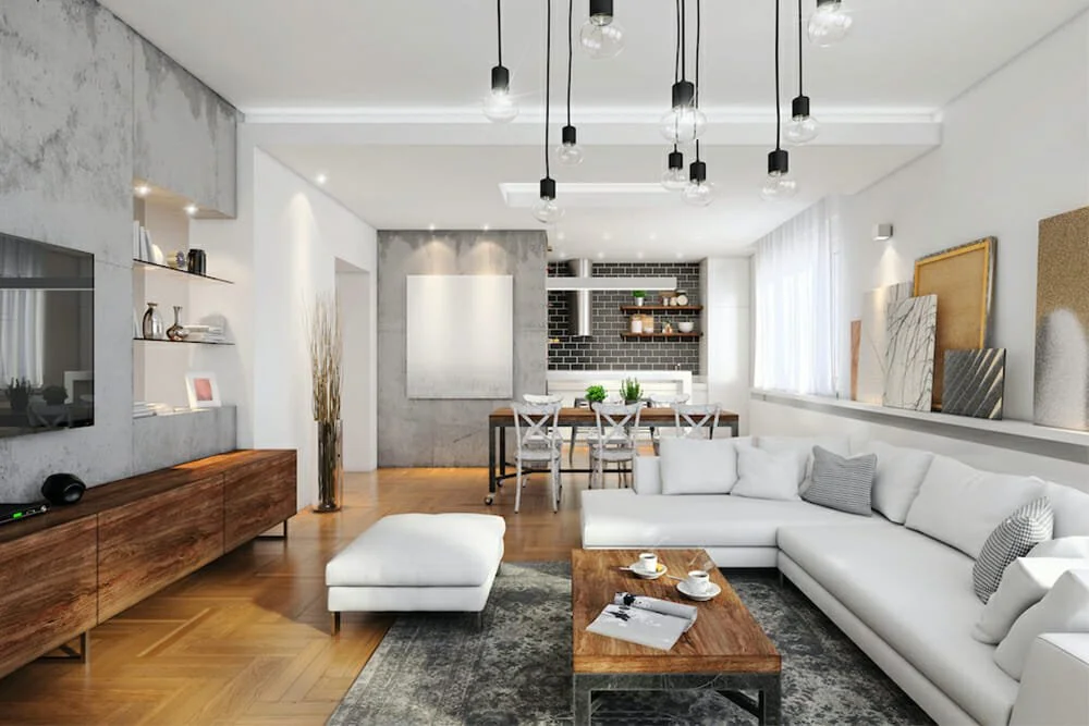 Modern open-plan living room freshly renovated