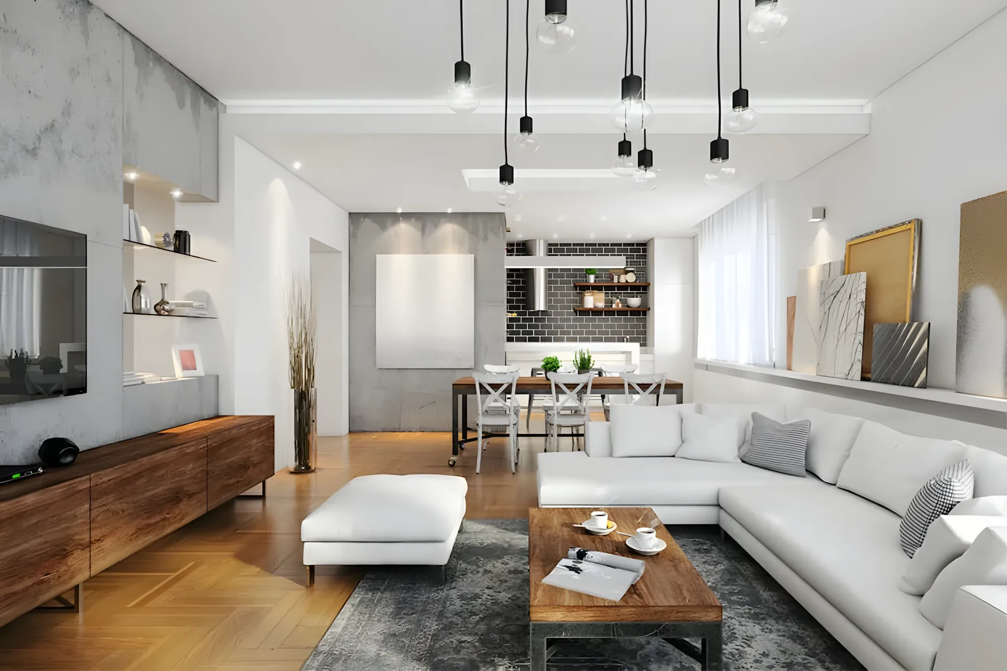 Modern open-plan living room freshly renovated